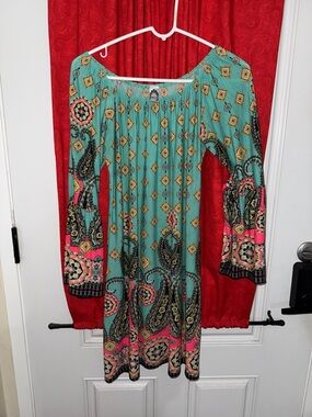 Honeyme Mint Green Paisley Long Sleeve Shift Dress with Pink Accents